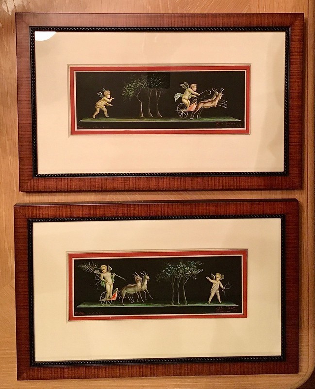 2 Beautifully Framed Pompeii Paintings—Giovanni Gallo 1953—Casa dei Vettii Cupid