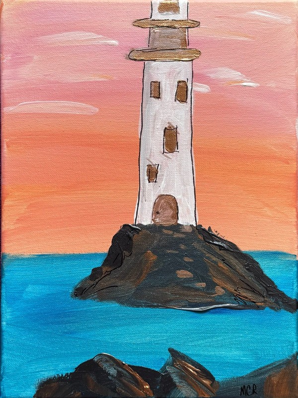 Lighthouse Rock Abstract Acrylic /Mixed Signed Art Painting Canvas 9x12 Folk Art gallery