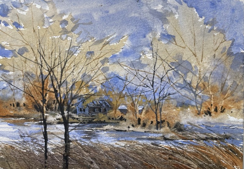 Original Pamela Wilhelm 5”x7” Ink & Watercolor Relic Cabin Island Autumn River