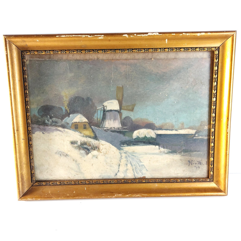 Antique Landscape Oil Painting Winter Scene With Windmill 1930s – 15″ x 12″