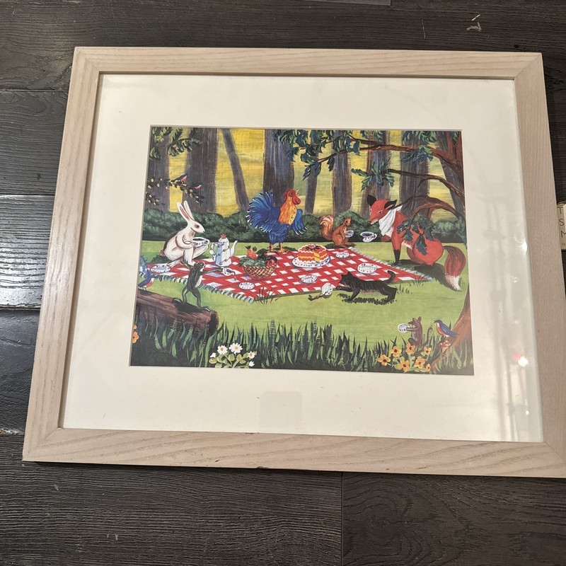 Vintage Japanese TAKASHIMAYA NEW YORK FRAME ANIMAL PICNIC Art Work 18inx21in