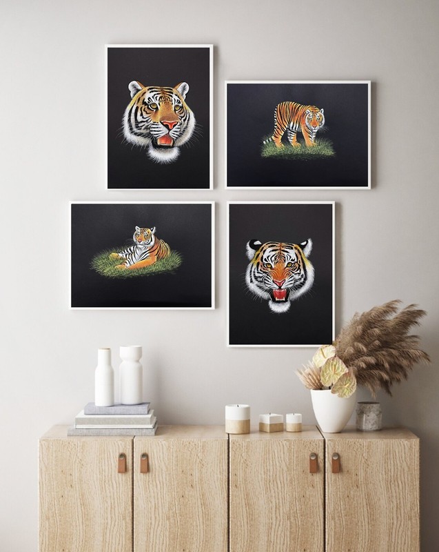 Set of 4 Tigers Detailed Handmade Painting on Paper Sheet gallery