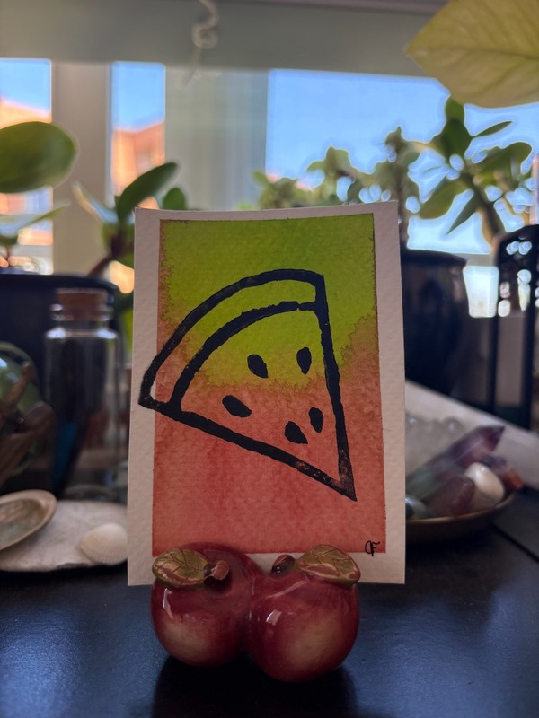 Original ACEO Fruit Watermelon 2.5×3.5 Watercolor Painting Block Lino Print