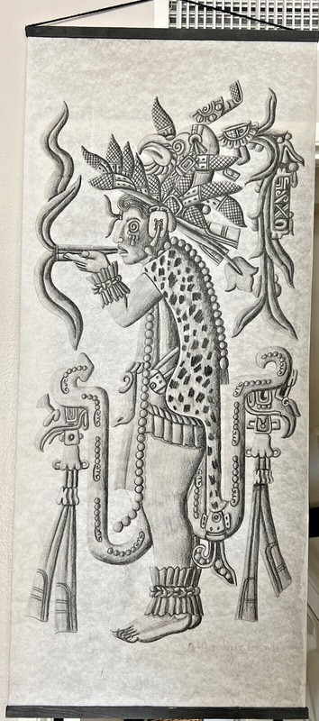 Handmade Maya Medicine Man Charcoal On Cotton Portrait “Dios Jaguar Fumand 22×50