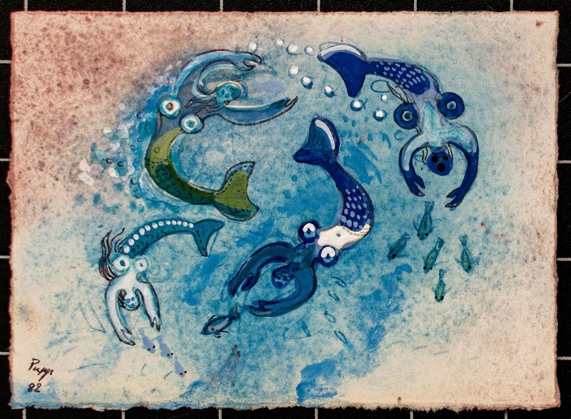 Gisbert Pupp Mermaids Signed Tempera on Handmade Paper 1982 gallery