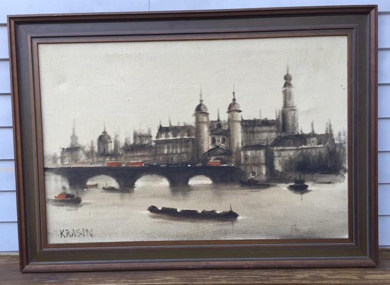 Artist Signed KRASIN Antique Oil Painting Waterloo Bridge London, Monet Era EXC!