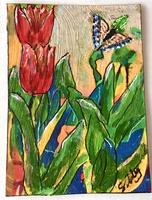 ACEO MINI ART TRADING CARD Original PAINTING “Tulips And Butterfly”