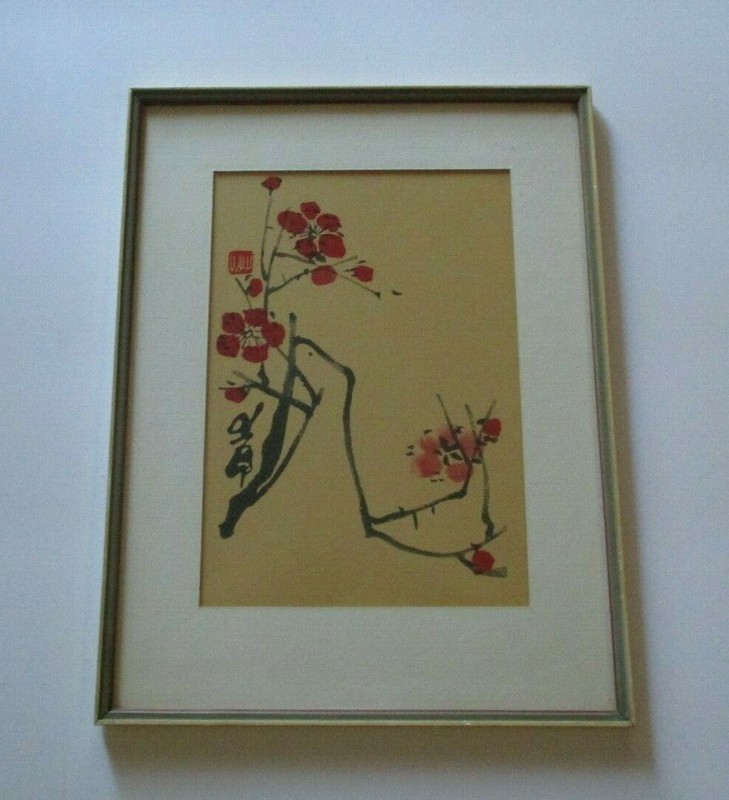VINTAGE CHINESE PLUM BLOSSOM PAINTING SIGNED WITH RED CHOP MARK MODERNIST FLORAL