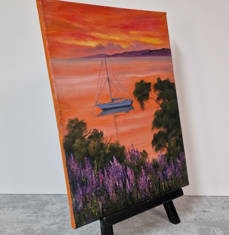 Mediterranean Oil Seascape Sunset Painting Bay with Boat and Trees Wall ART gallery