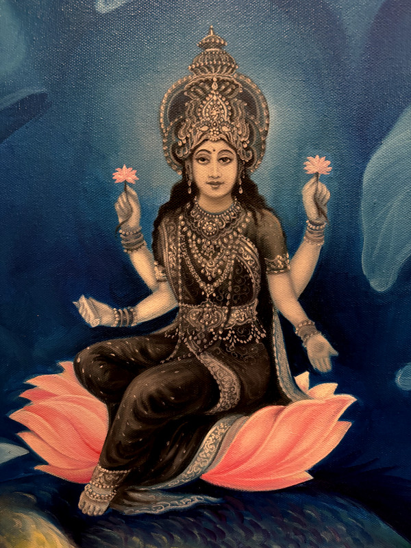 Lakshmi on Rainbow Fish in Lotus Pond Oil Painting Framed Indian Hindu Mythology gallery