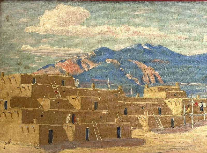 Orig Albert Looking Elk (Martinez) Oil Painting, Taos Pueblo, Framed 14" x 10" gallery