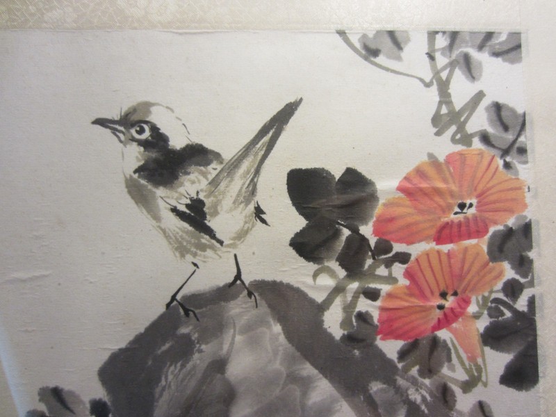 MCM~Traditional Chinese Ink/Wash Bird/Flower Brass/Glass Framed Painting~Wren gallery