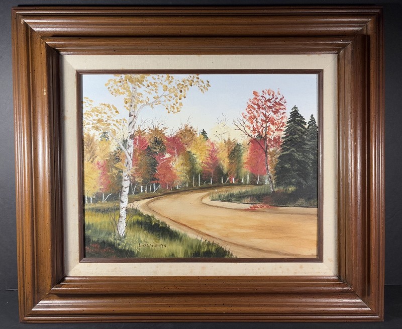 Original Oil Painting Forest Road Scene Framed 21”W Signed Liisa Wadeen