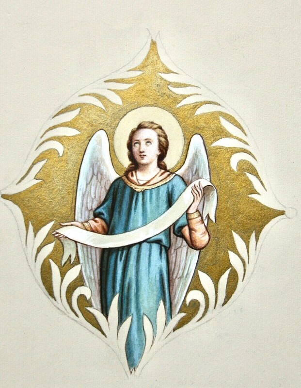 Angel with ribbon against gold background in ornamental cartridge, gouache, 19th century gallery