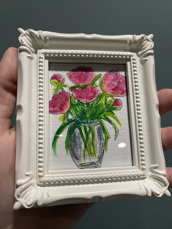 Peonies,flowers, Watercolor Painting On Paper,framed,cute,miniature,3/4