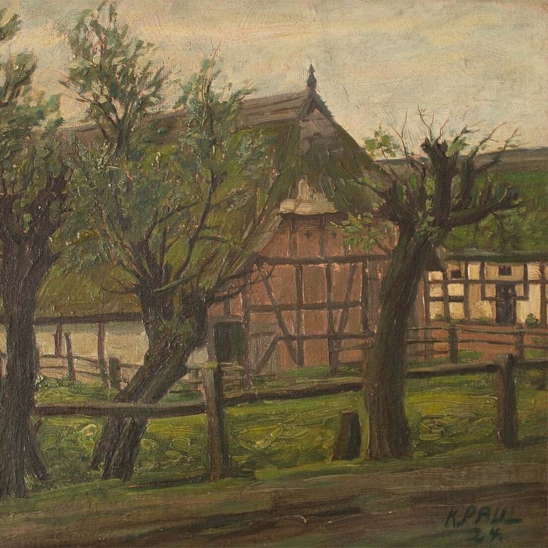 Karl Paul Farm View 1924 Signed Framed Painting Oil on Painting Board Unique