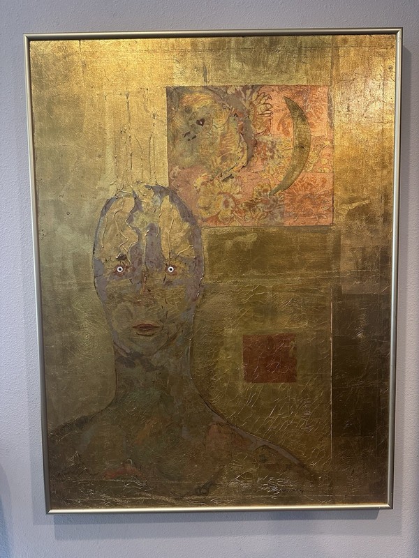 Large Abstract Unusual Gold Leaf Mixed Medium Painting 4’X3’ Haunting & Strange