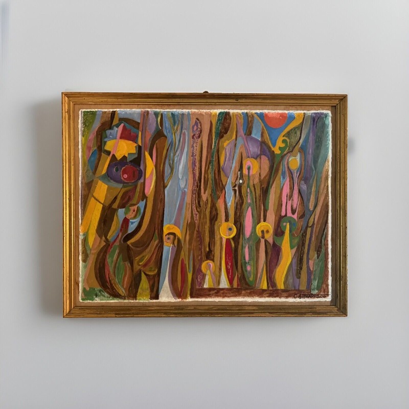 CHARLES C. STEWART MODERN CUBISM ABSTRACT ORIGINAL OIL ON PANEL 24 3/4 X 32