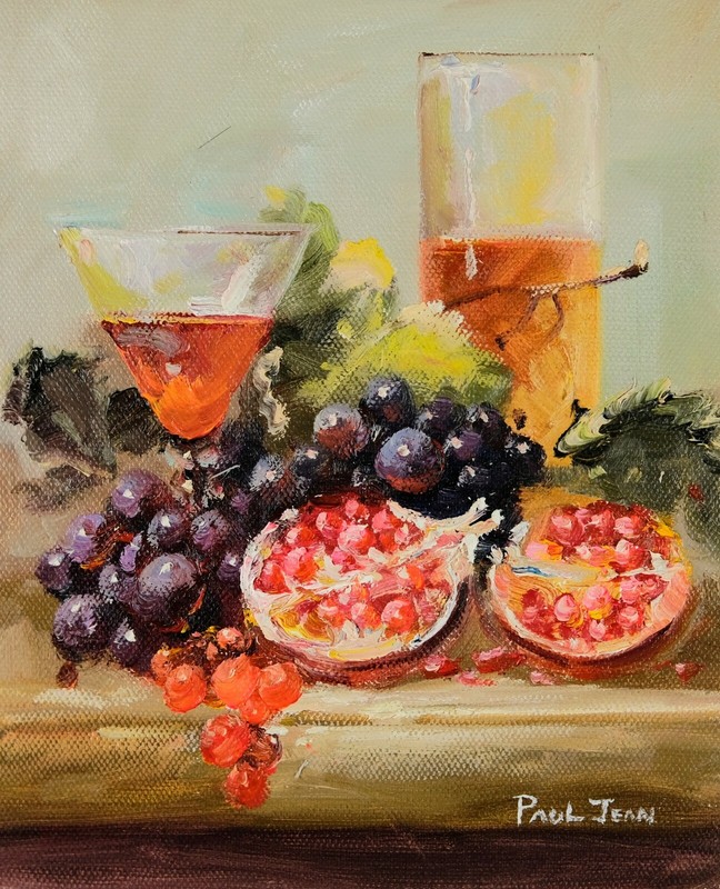 Oil Painting and Wooden Frame, Grape Wine Fruit Still Life, Signed Jean Paul gallery