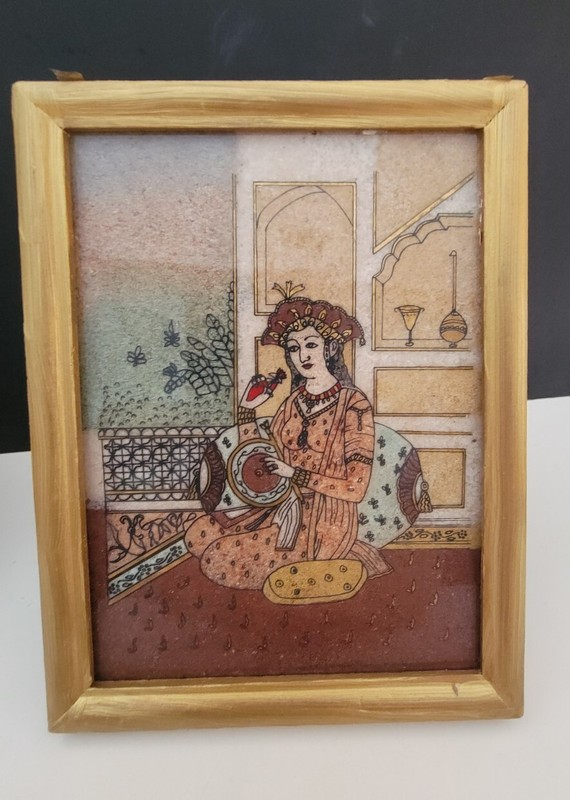 Indian Ethnic Art Handmade Crushed Gemstone Painting 6.5″× 5″ Pre-owned