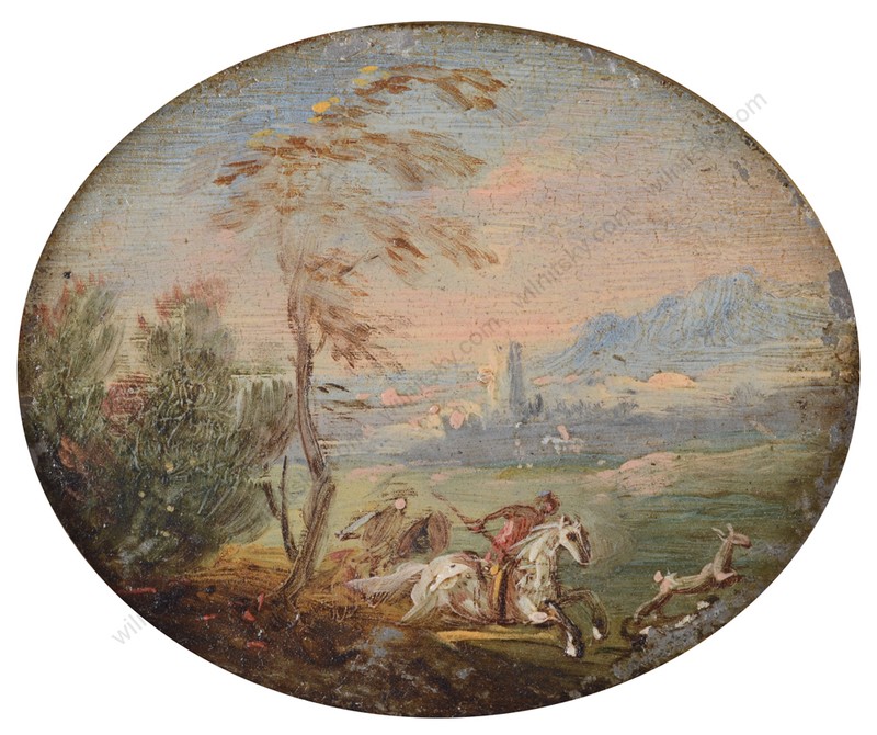 "Hunting scene in Italianate landscape", Dutch oil on copper miniature, 17/18th gallery