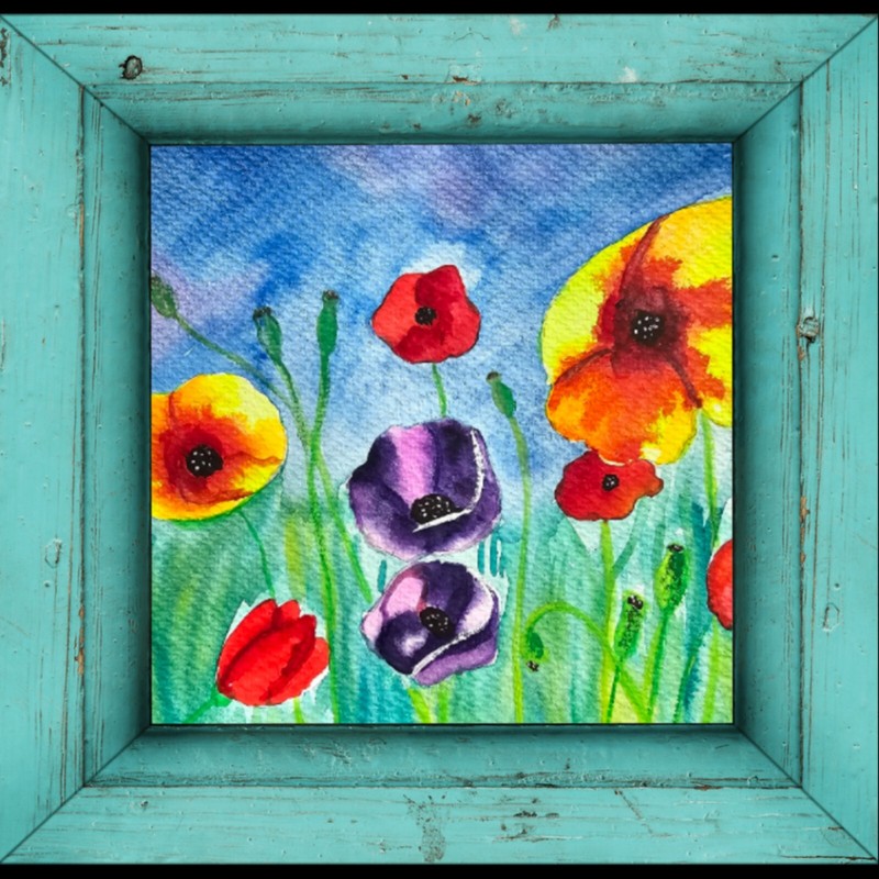 Original Poppy Landscape Watercolor Painting California Wildflower Art