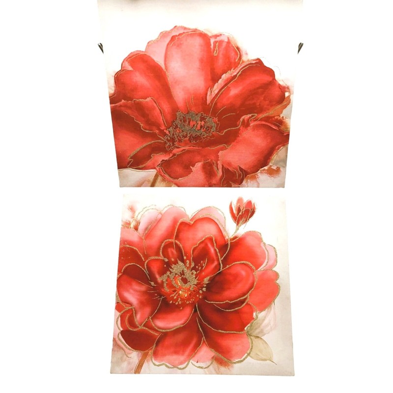 Abstract Flower Paintings on Canvas Set (2) Peonies Coral Pink Rose Gold Glitter