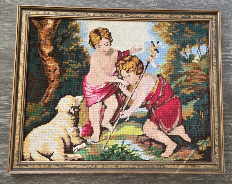 Antique tapestry Needlepoint canvas «The Little Shepherds» After B.E. Murillo