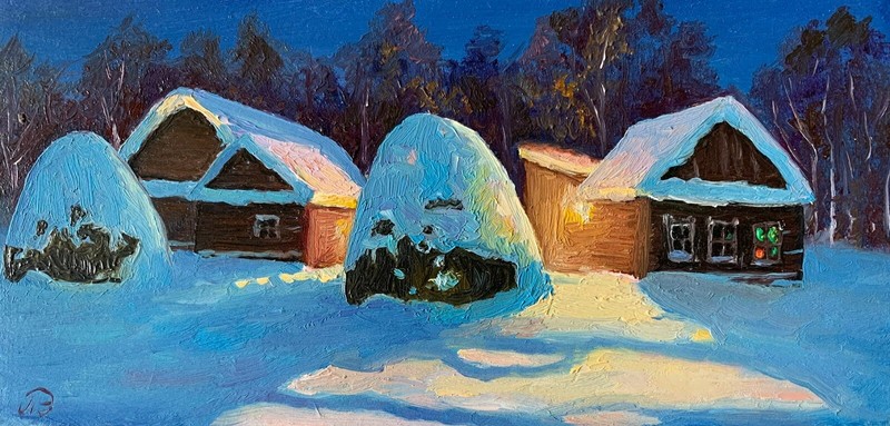 oil painting Landscape Winter Original Art Night Countryside Rustic Farm Scene