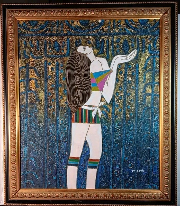 M. Lott Oil on Board Beautiful Egyptian Style Original Painting Framed 28″×25″