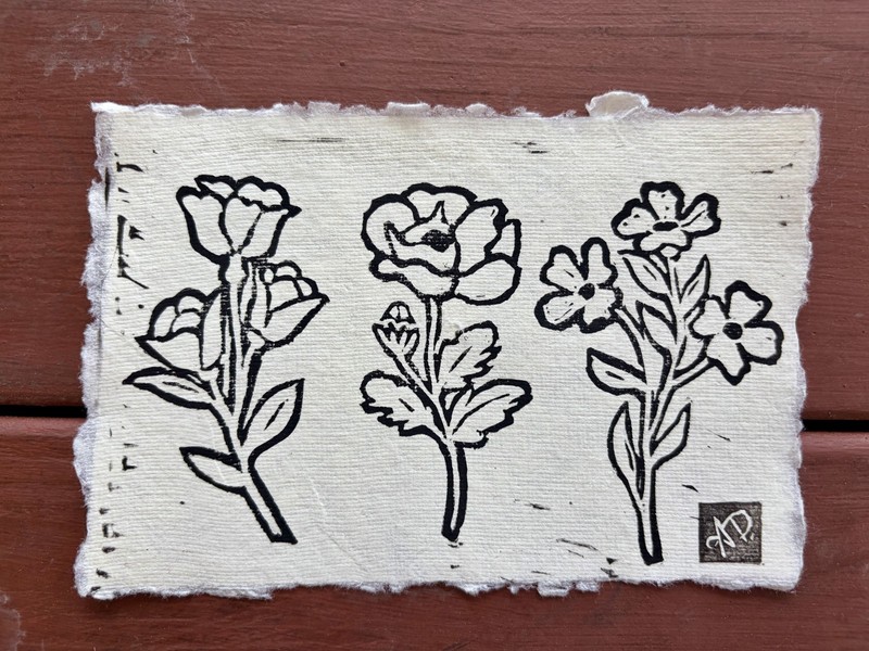 Original B&W Flowers 1 Linocut Hand Printed by Alannah Dyer- Mini Art 4x6 in. gallery