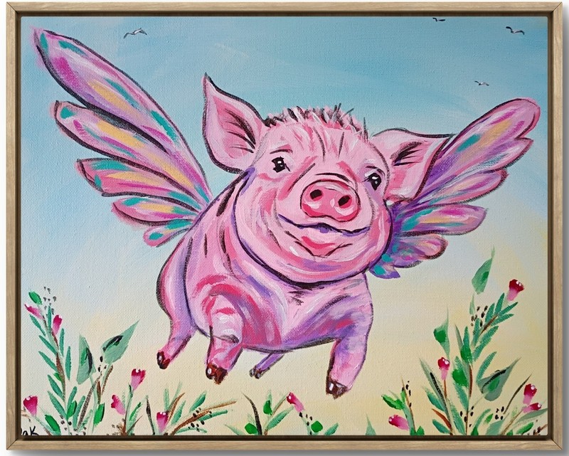 Flying Pig with Butterfly Wings 11×14 Canvas Original Art Expressionism Abstract