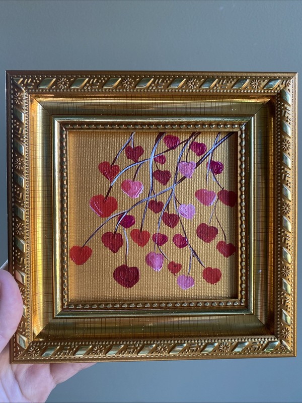 Love Heart Branch With Hearts Original Acrylic Painting Mini,small,4/4 Framed