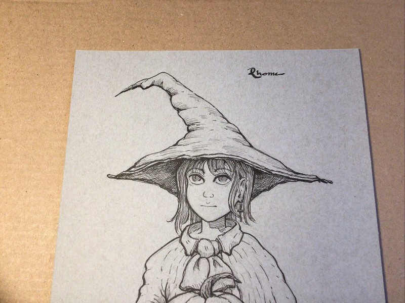 Original Ink Sketch, 9x12 Inches, Halloween Pumpkin And Trick-or-Treater gallery