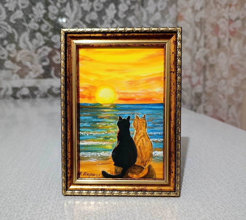 ORIGINAL Oil Painting Cats Landscape Miniature Contemporary Wall art Animal Pet gallery