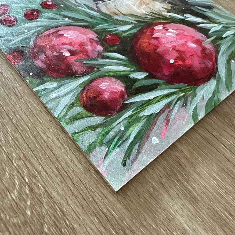 Chickadee Bird Festive decor Original Painting On Wood Canvas 6 X 6 Inches gallery
