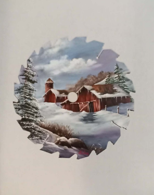 PAINTED 7 INCH CIRCULAR SAW BLADE SIGNED BY ARTIST SILO AND BARN gallery