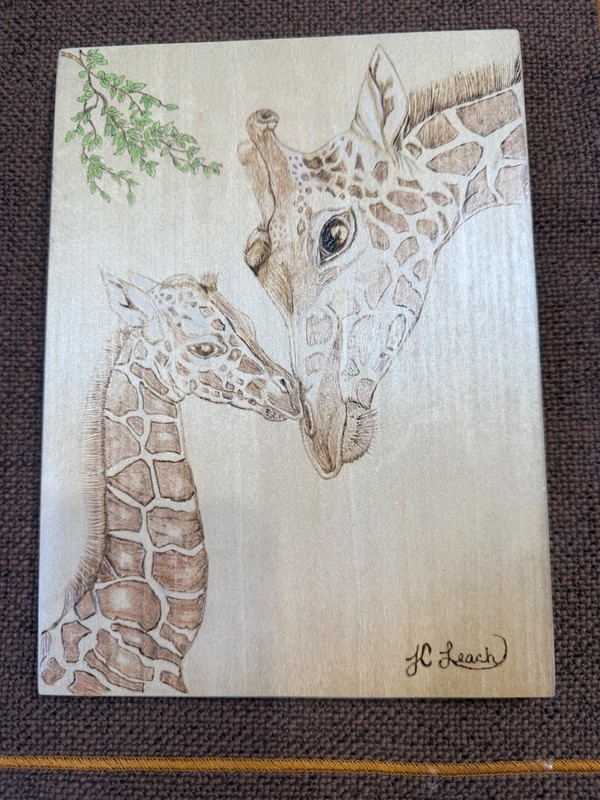Pyrography Giraffes Mother & Calf Wall Hanging Art Signed JC Leach gallery
