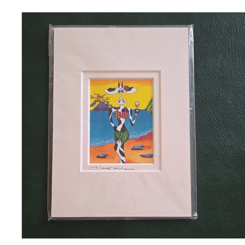 H Kitaura Signed Matted Pop Art Painting Cow on Tropical Beach Kauai Hawaii