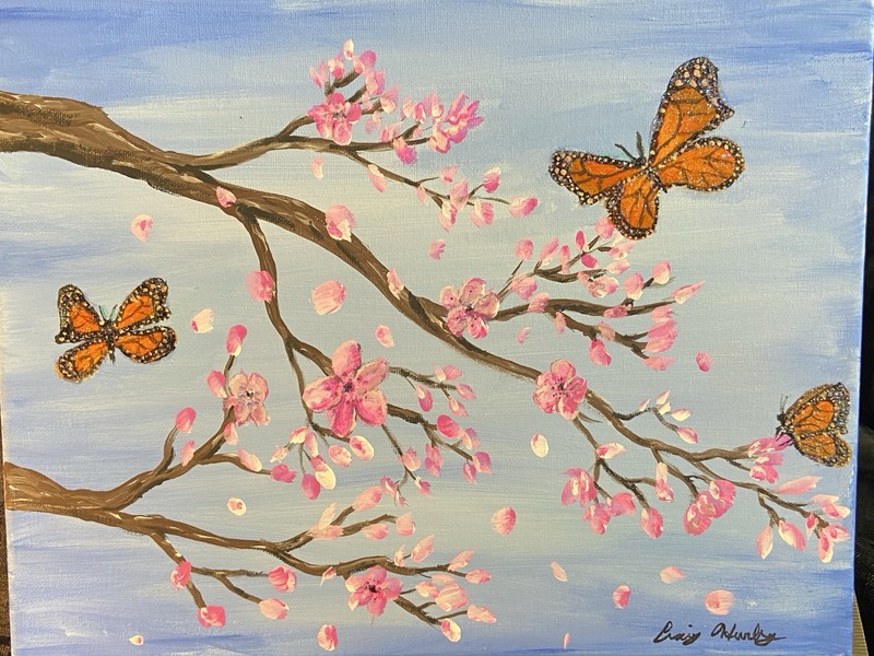 Original Acrylic Painting Spring Cherry Blossoms & Monarch Butterflies 11”x 14”
