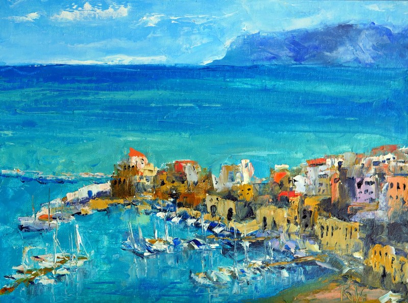Italy Castellammare del Golfo Sicily Harbor 12×16″ Oil Painting 100% original