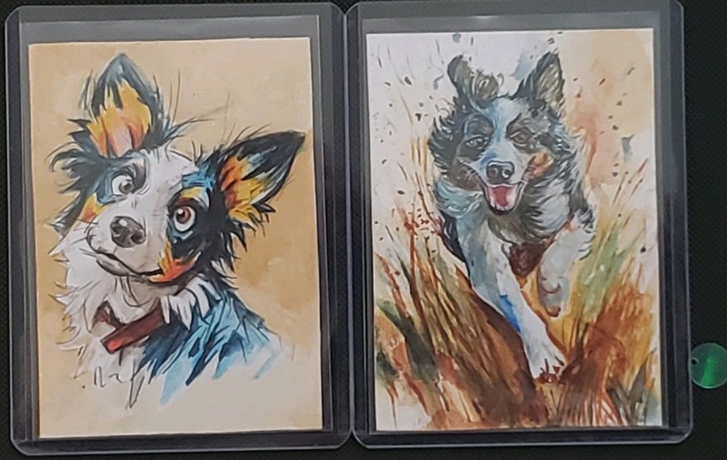 2 ACEOs Original Hand-painted Watercolor/acrylic Australian Shepard dogs, signed