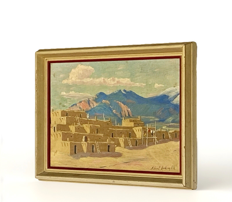 Orig Albert Looking Elk (Martinez) Oil Painting, Taos Pueblo, Framed 14" x 10" gallery