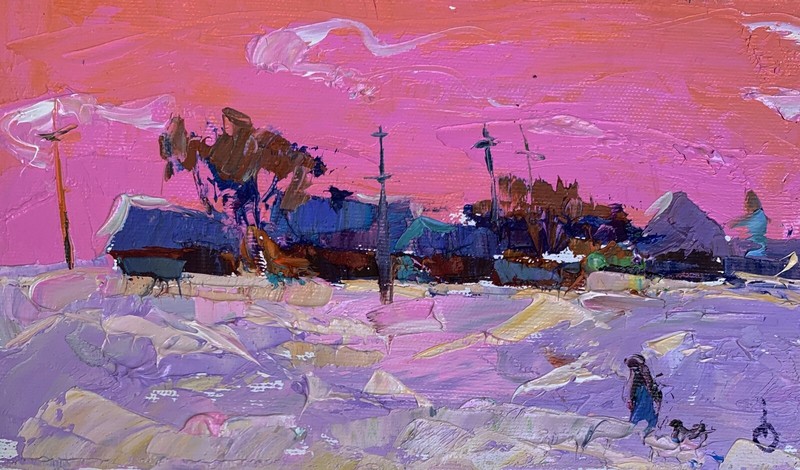 Oil Painting It Snowed In The Evening O. Kalenyuk Unframed Original Art nAAA3275