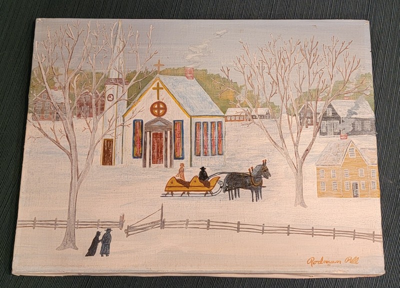 Original Rodman Pell Winter Sleigh Ride Church Scene Oil Painting
