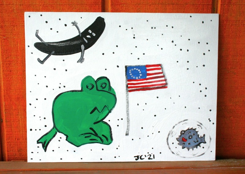 FROGLET BANANA MOON PUFFER FISH Jr CHARLIE FAST OUTSIDER POLITICAL FOLK POP ART