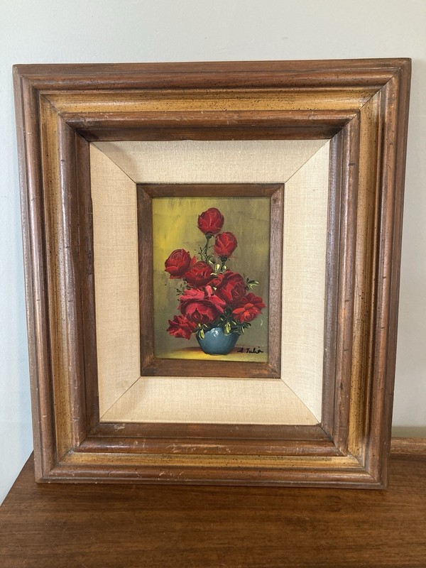 Original Hand Painted Red Roses In Vase Wall Art Mat Framed Artist Signed