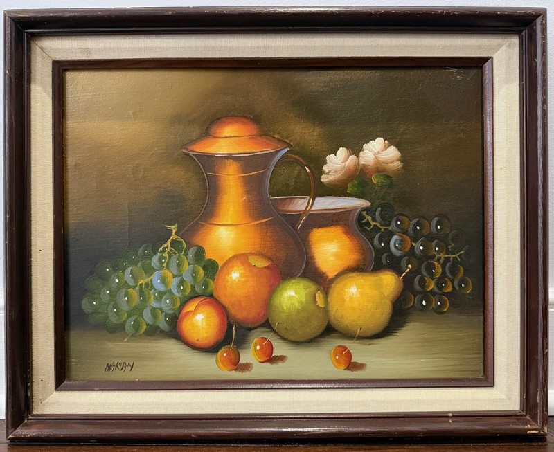 VTG Still Life Oil Painting Framed Signed Kitchen Wall Art for Chefs Wine & Food