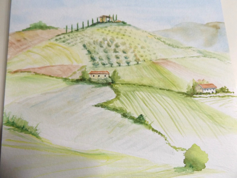 Original En Plein Air Vignette Watercolor Tuscany Vineyard Olive Trees PJ Teller gallery
