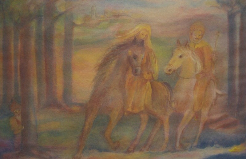 ::KATHARINA ...... 1986 MYSTICAL PAINTING FAIRY TALE DWARF IN FOREST WITH HORSES gallery